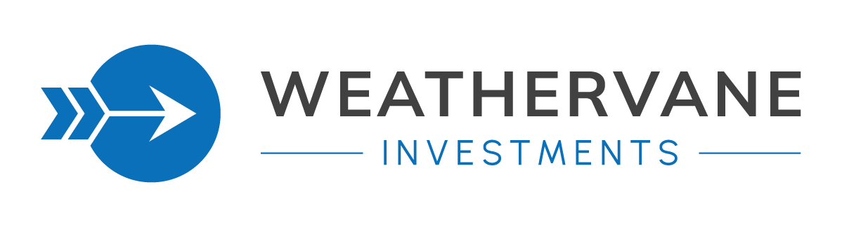 A black and blue logo for weather invest